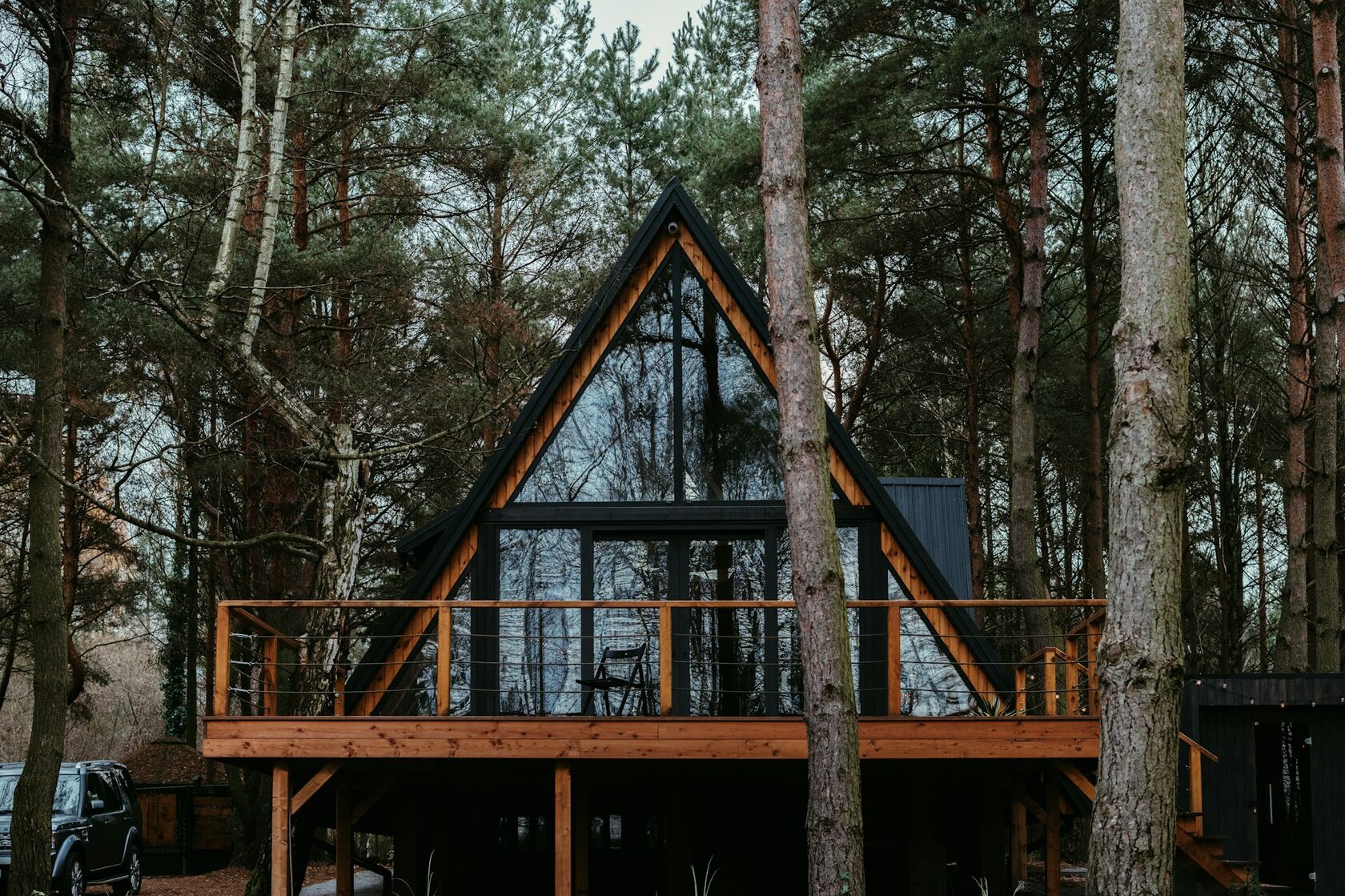 A timber cabin standing among tall trees in a forest clearing